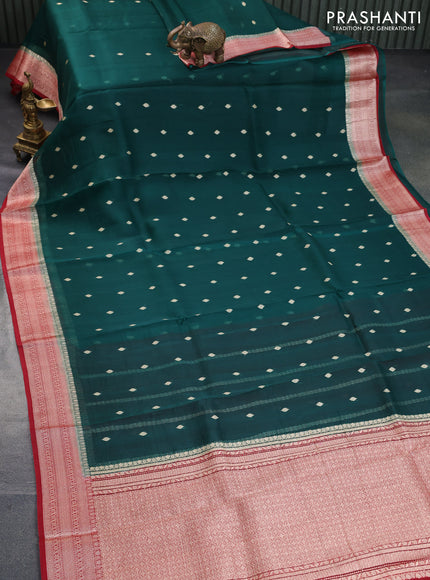 Banarasi organza silk saree green and red with thread & zari woven buttas and woven border