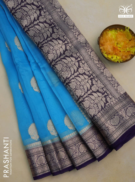 Banarasi organza silk saree light blue and blue with thread & zari woven buttas and woven border