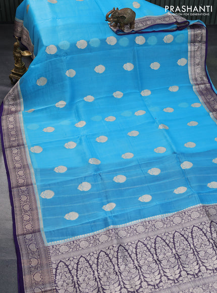 Banarasi organza silk saree light blue and blue with thread & zari woven buttas and woven border