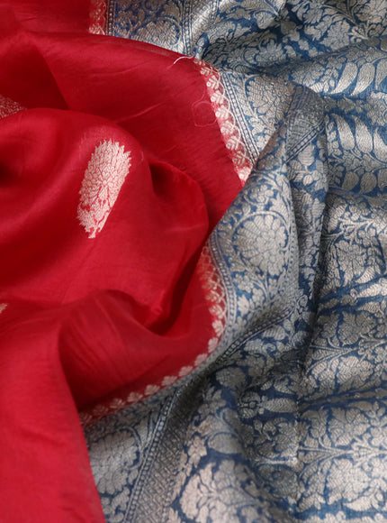 Banarasi organza silk saree red and cs blue with thread & zari woven buttas and woven border