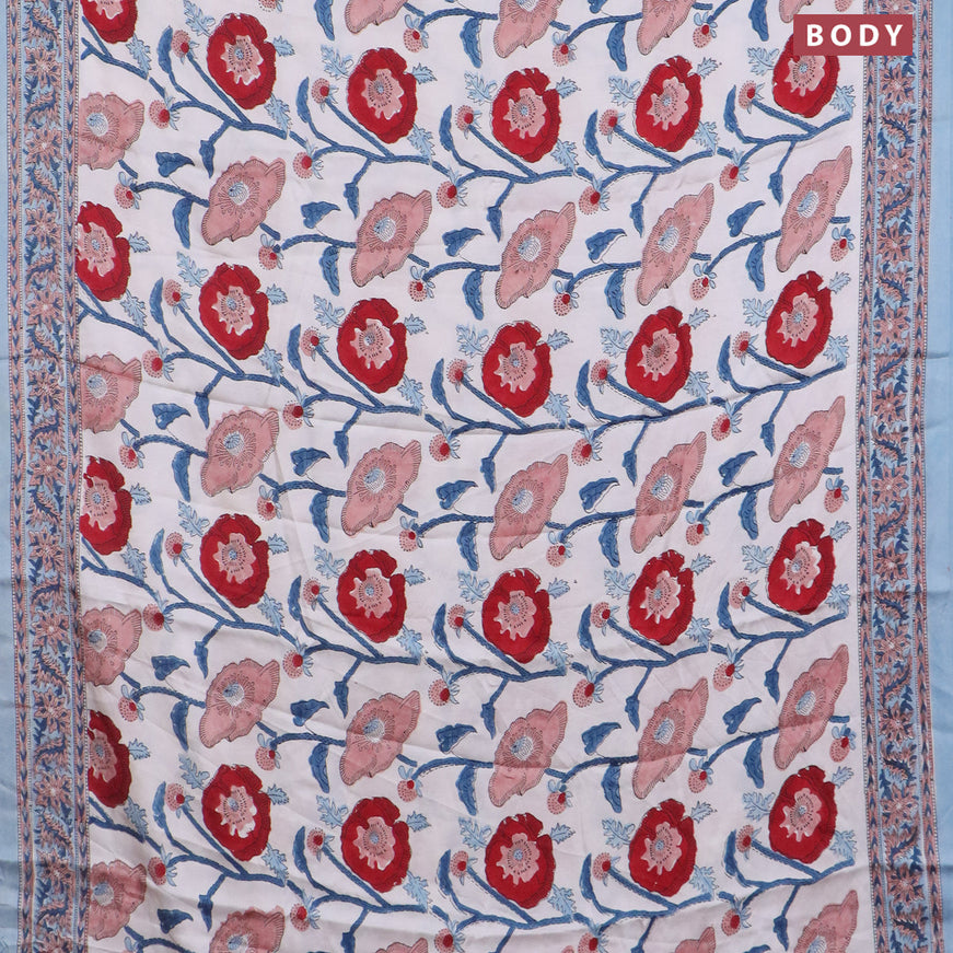 Modal silk saree off white and blue with allover kalamkari prints and printed border