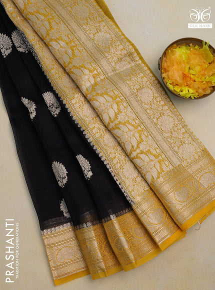 Banarasi organza silk saree black and yellow with thread & zari woven buttas and woven border