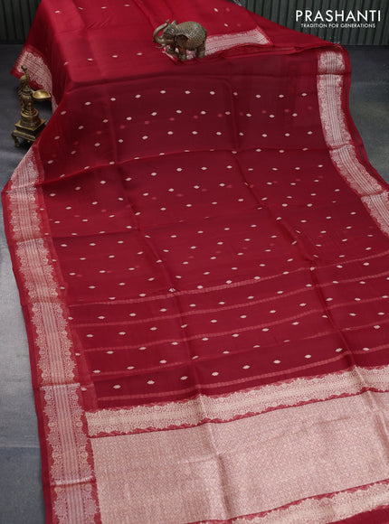 Banarasi organza silk saree red with allover thread & zari woven buttas and woven border