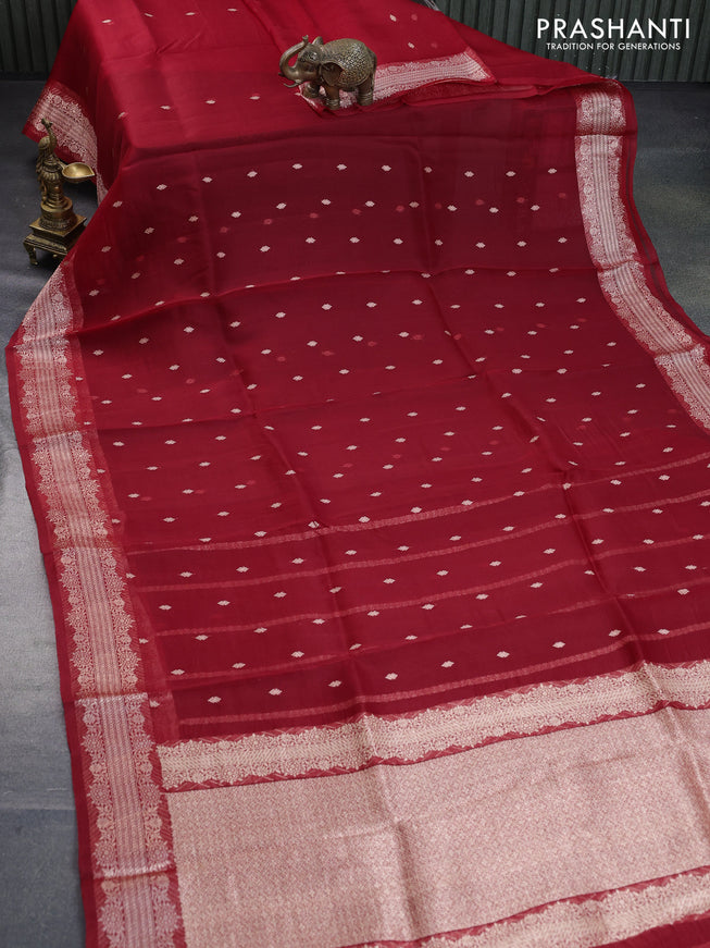 Banarasi organza silk saree red with allover thread & zari woven buttas and woven border