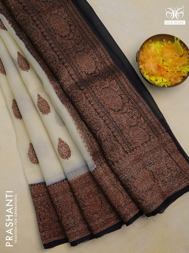 Banarasi organza silk saree cream and black with woven buttas and banarasi style border