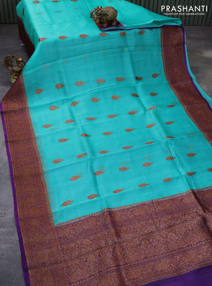 Banarasi organza silk saree teal green shade and purple with woven buttas and banarasi style border