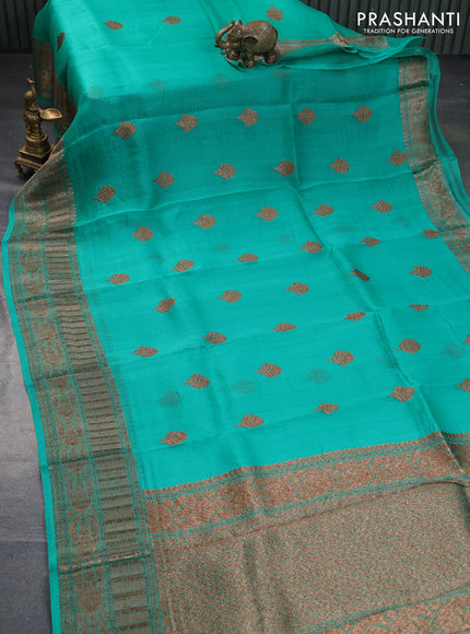 Banarasi organza silk saree teal green with woven buttas and banarasi style border