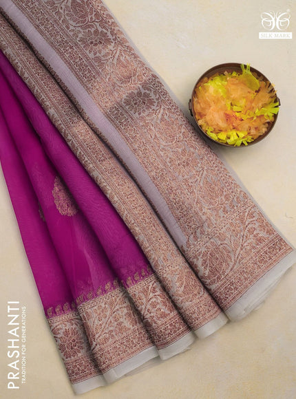 Banarasi organza silk saree pink and beige with woven buttas and banarasi style border