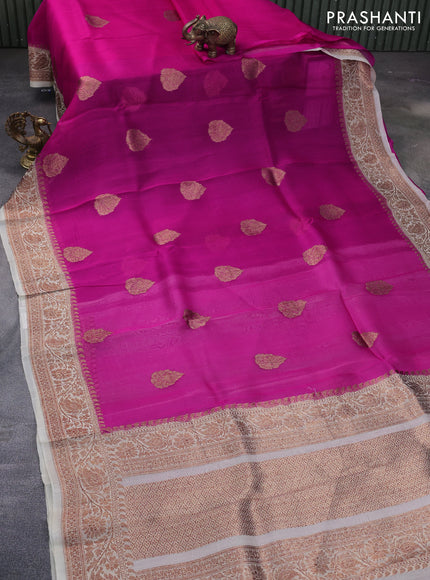 Banarasi organza silk saree pink and beige with woven buttas and banarasi style border