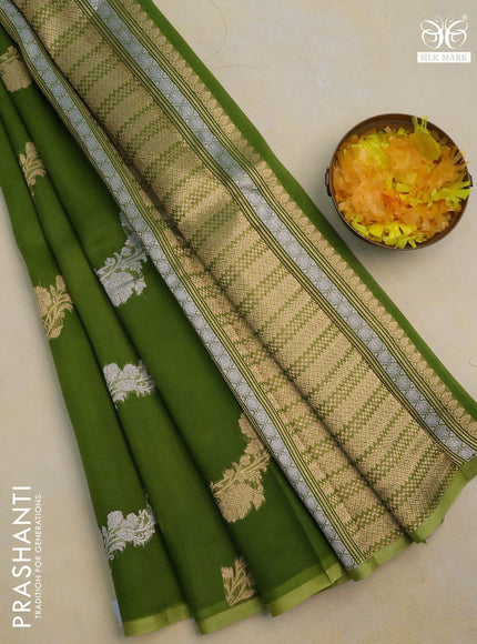 Banarasi organza silk saree mehendi green with allover silver & gold floral zari weaves and piping border