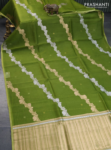 Banarasi organza silk saree mehendi green with allover silver & gold floral zari weaves and piping border