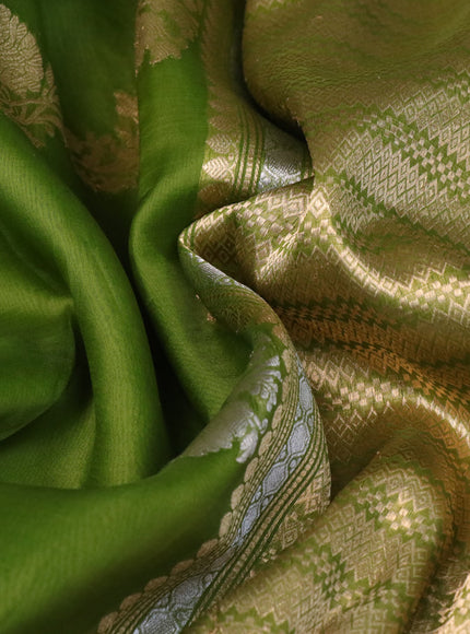 Banarasi organza silk saree mehendi green with allover silver & gold floral zari weaves and piping border