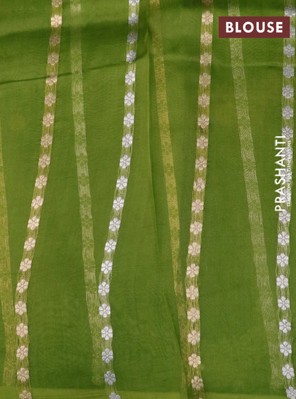 Banarasi organza silk saree mehendi green with allover silver & gold floral zari weaves and piping border