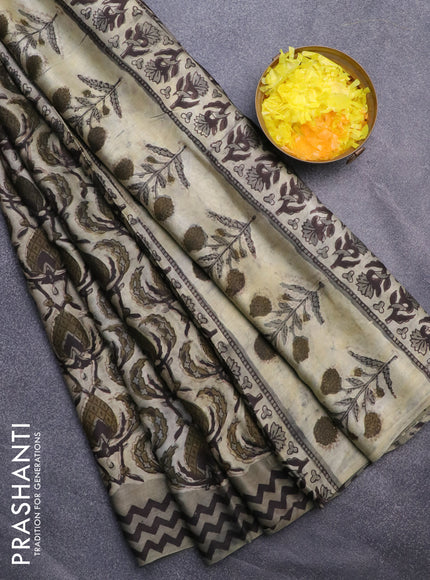 Modal silk saree greyish green with allover prints and printed border