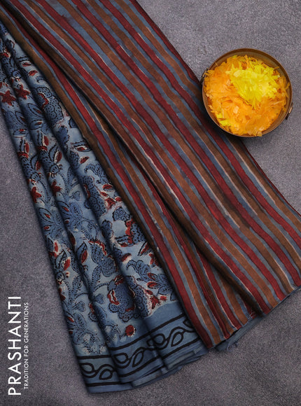 Modal silk saree bluish grey with allover kalamkari prints and printed border