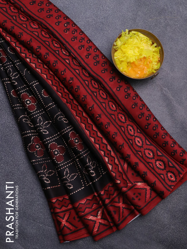 Modal silk saree black and maroon with allover prints and printed border