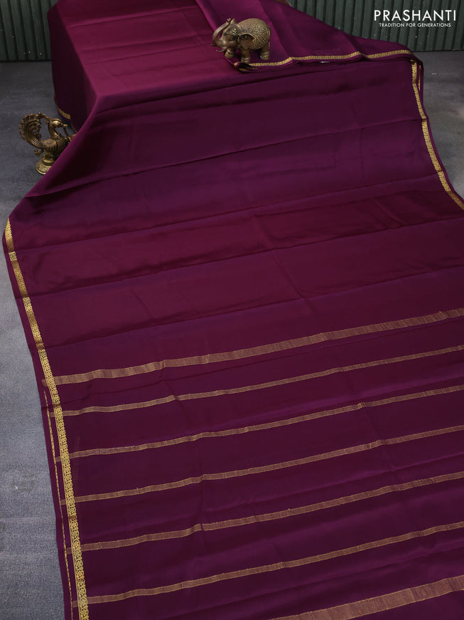 Pure mysore silk saree deep purple with plain body and small zari woven border