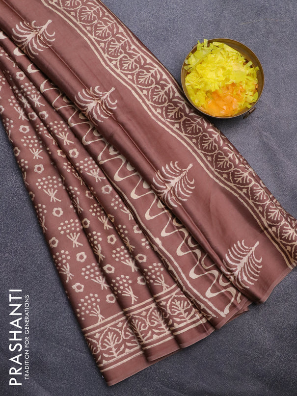 Modal silk saree brown with allover prints and printed border