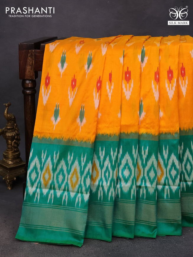 Pochampally silk saree mango yellow and green with ikat butta weaves and ikat style zari woven border