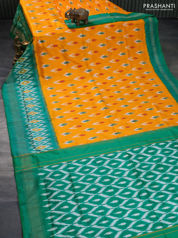 Pochampally silk saree mango yellow and green with ikat butta weaves and ikat style zari woven border