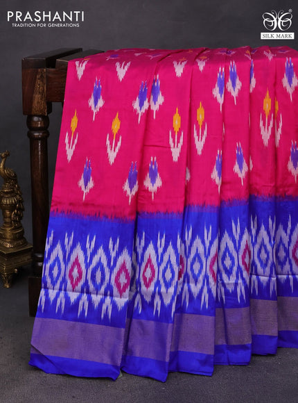 Pochampally silk saree pink and blue with ikat butta weaves and ikat style zari woven border