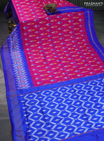 Pochampally silk saree pink and blue with ikat butta weaves and ikat style zari woven border