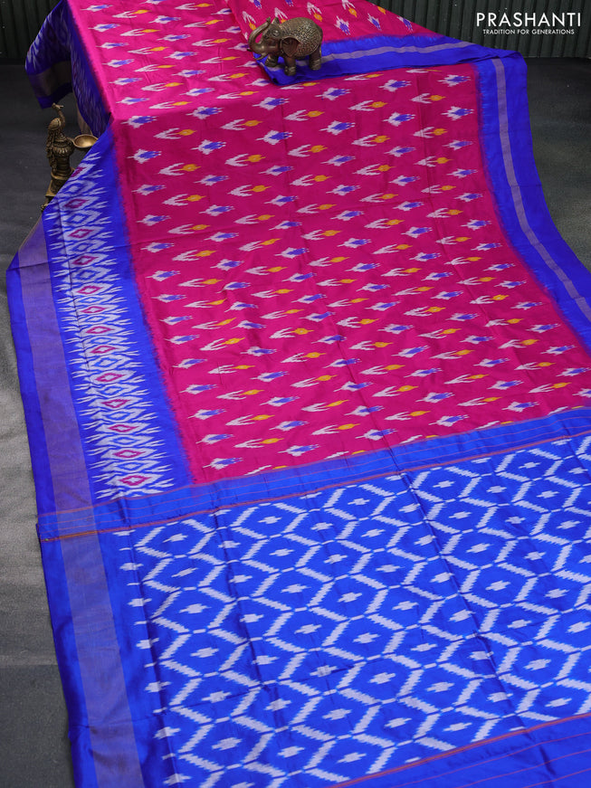 Pochampally silk saree pink and blue with ikat butta weaves and ikat style zari woven border