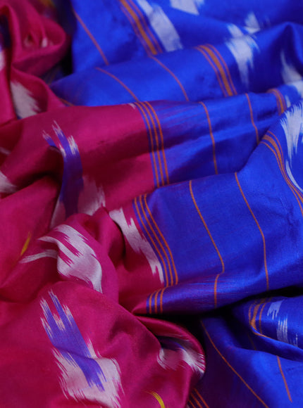 Pochampally silk saree pink and blue with ikat butta weaves and ikat style zari woven border