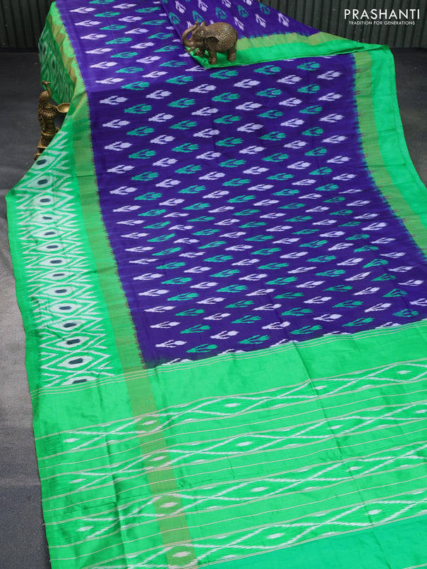 Pochampally silk saree blue and light green with ikat butta weaves and zari woven ikat style border