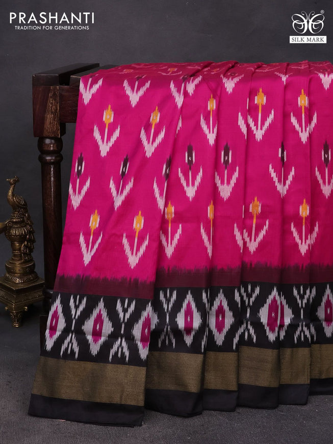 Pochampally silk saree pink and black with ikat butta weaves and ikat style zari woven border