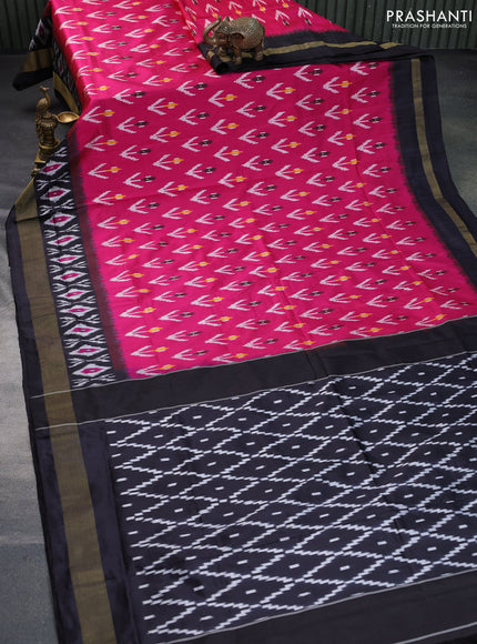 Pochampally silk saree pink and black with ikat butta weaves and ikat style zari woven border