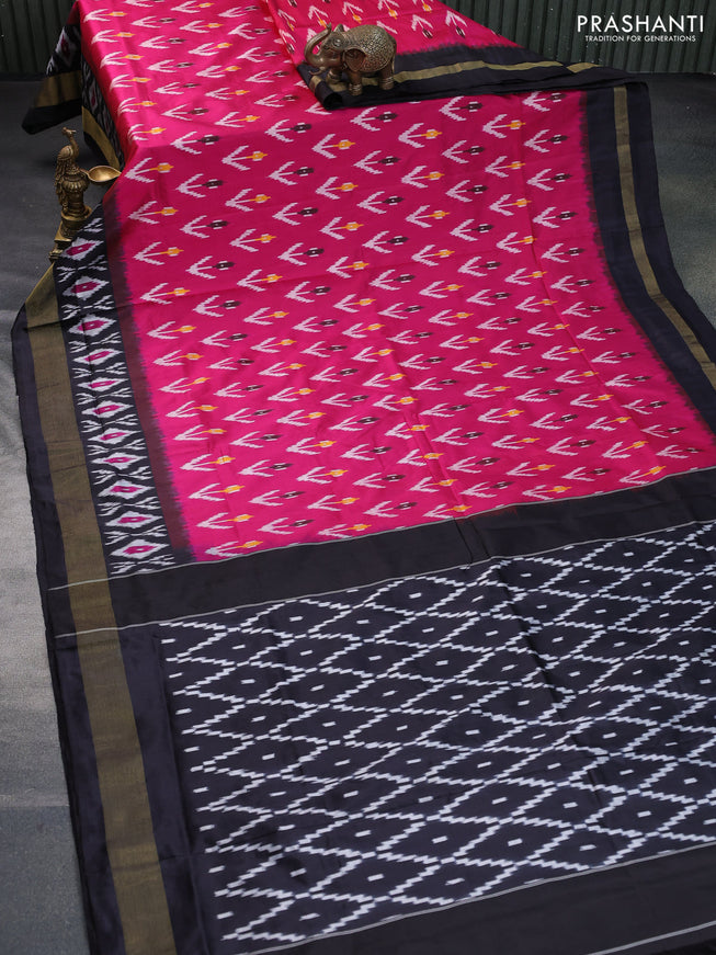 Pochampally silk saree pink and black with ikat butta weaves and ikat style zari woven border