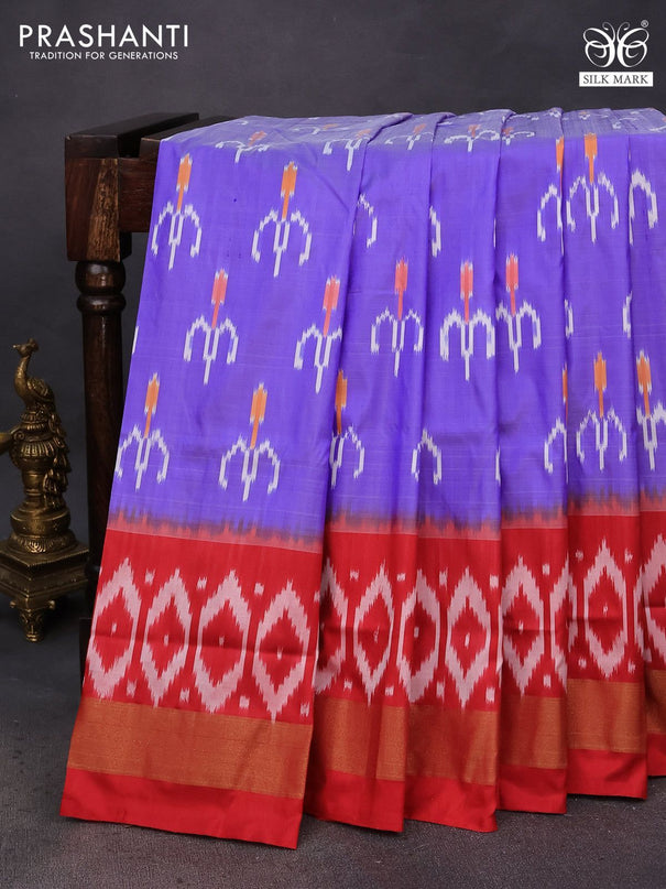 Pochampally silk saree lavender shade and red with ikat butta weaves and ikat style zari woven border