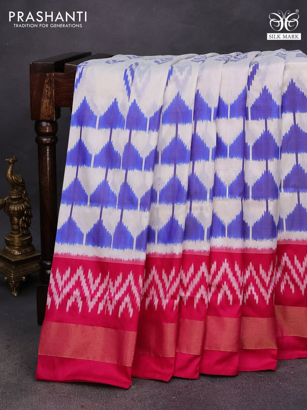 Pochampally silk saree off white and pink with ikat butta weaves and ikat style zari woven border