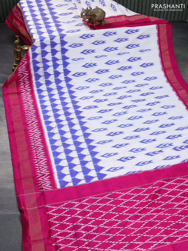 Pochampally silk saree off white and pink with ikat butta weaves and ikat style zari woven border