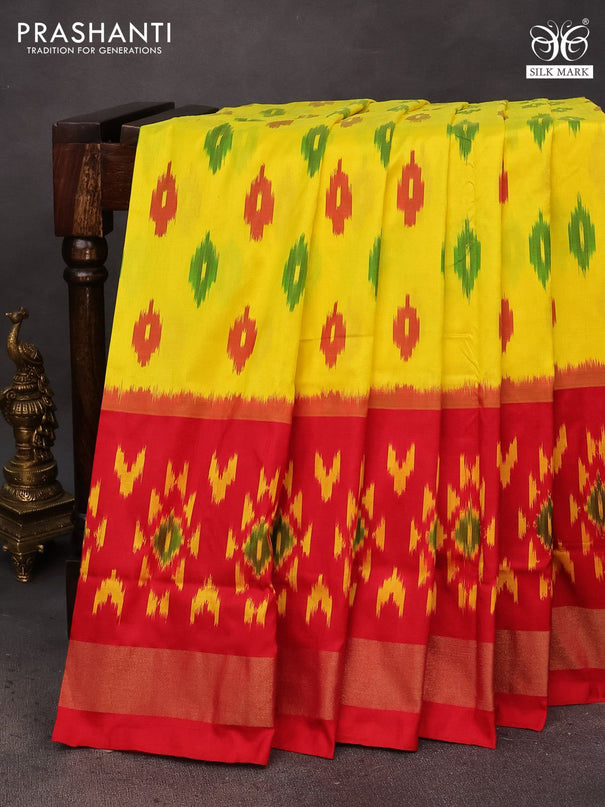 Pochampally silk saree lime yellow and red with ikat butta weaves and ikat style zari woven border