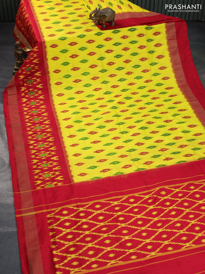 Pochampally silk saree lime yellow and red with ikat butta weaves and ikat style zari woven border