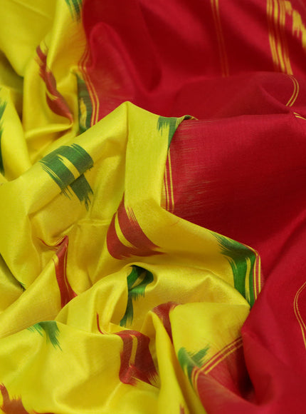 Pochampally silk saree lime yellow and red with ikat butta weaves and ikat style zari woven border