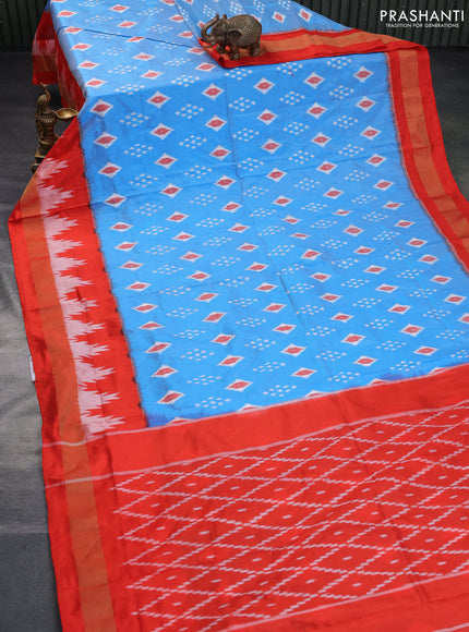 Pochampally silk saree light blue and orange with ikat butta weaves and ikat style zari woven border