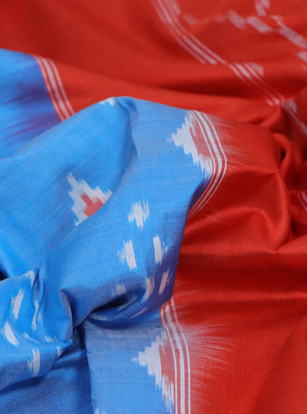 Pochampally silk saree light blue and orange with ikat butta weaves and ikat style zari woven border