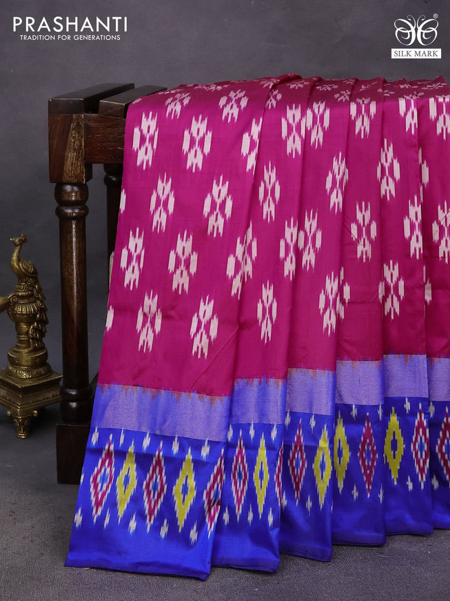 Pochampally silk saree pink and blue with ikat butta weaves and zari woven ikat style border