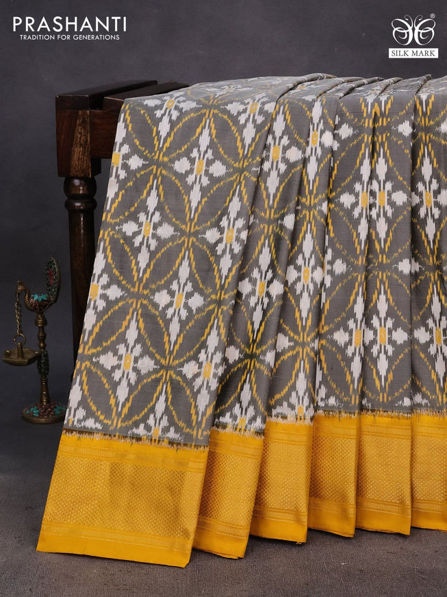 Pochampally silk saree grey and yellow with allover ikat weaves and zari woven border