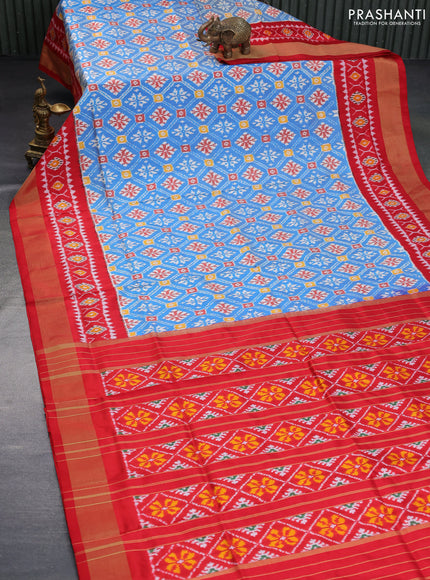 Pochampally silk saree cs blue and red with allover ikat weaves and ikat style zari woven border