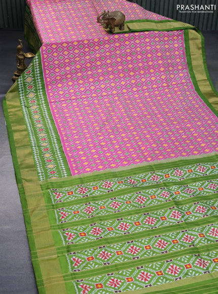 Pochampally silk saree pink and green with allover ikat weaves and ikat woven zari border