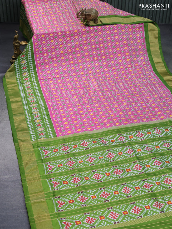 Pochampally silk saree pink and green with allover ikat weaves and ikat woven zari border