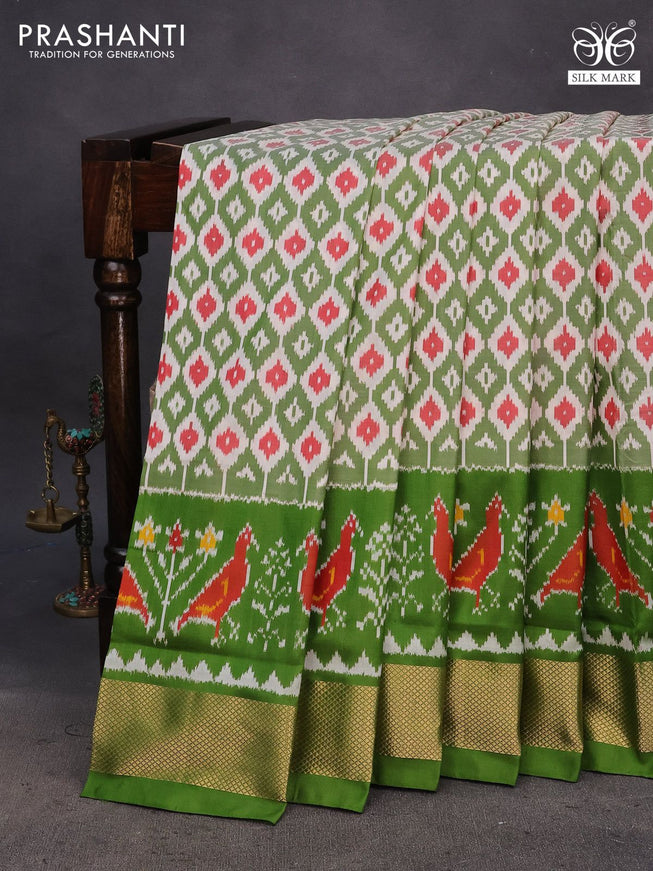 Pochampally silk saree cream green and green with allover ikat weaves and ikat woven zari border