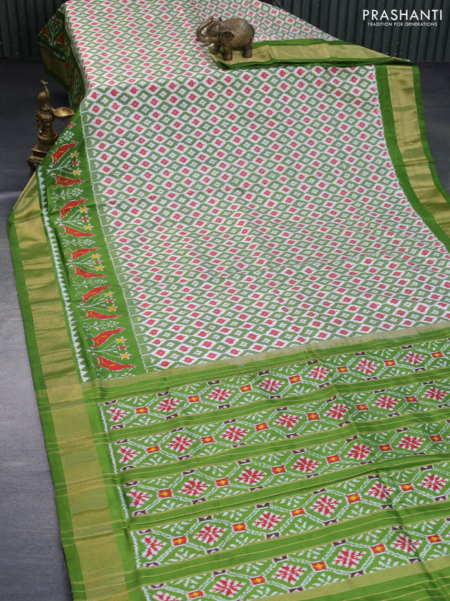 Pochampally silk saree cream green and green with allover ikat weaves and ikat woven zari border