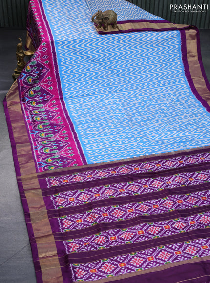 Pochampally silk saree off white blue and purple with allover ikat weaves and long ikat woven zari border