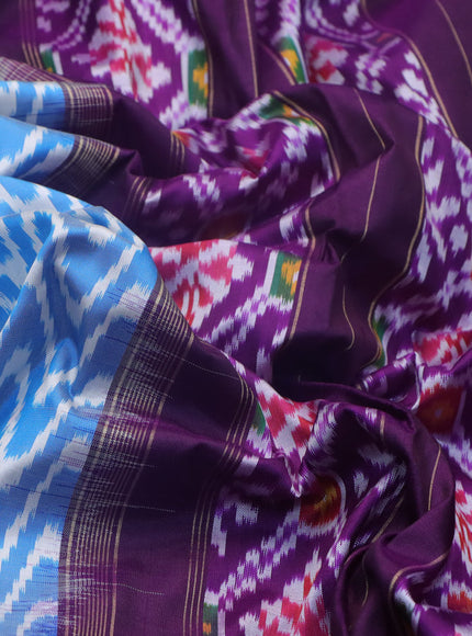 Pochampally silk saree off white blue and purple with allover ikat weaves and long ikat woven zari border