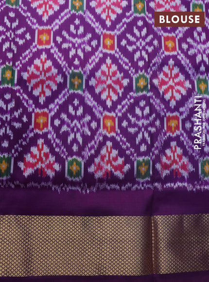 Pochampally silk saree off white blue and purple with allover ikat weaves and long ikat woven zari border